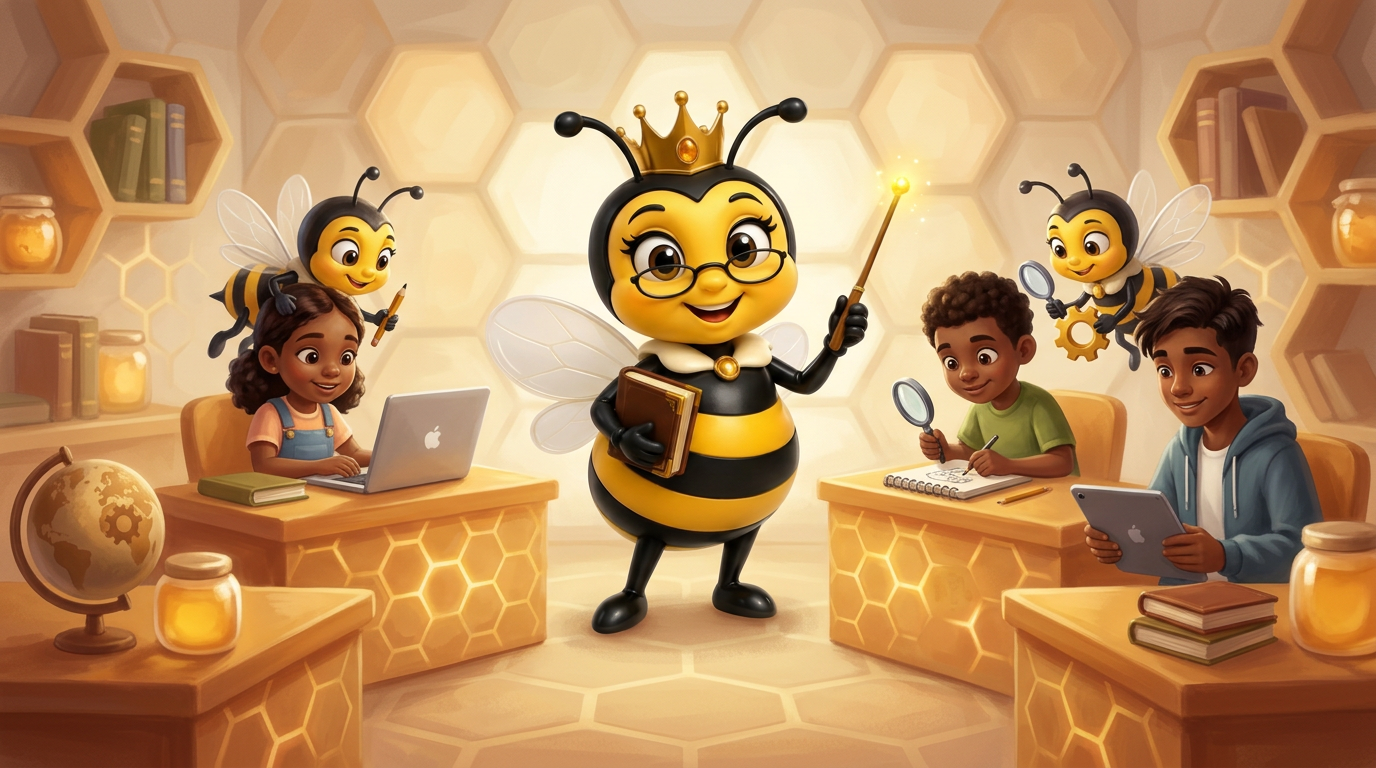 The Queen Bee mascot guiding a small hive of tutors around three students